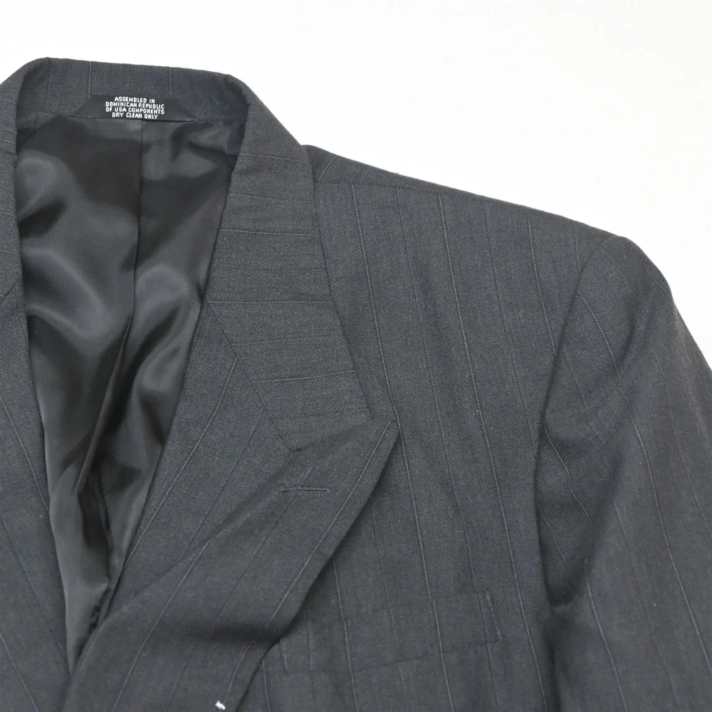 Vtg Y2K 2000s Boxy Double Breasted 46L 36x32 Gray Striped Wool Jacket Pants Suit
